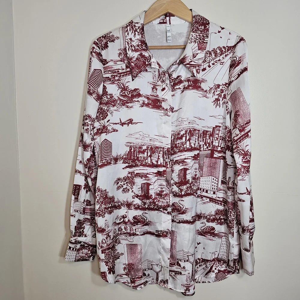 Zara Women’s White Red Toile Scenic Print Button-Down Blouse Size M Chic Classic - Picture 2 of 11